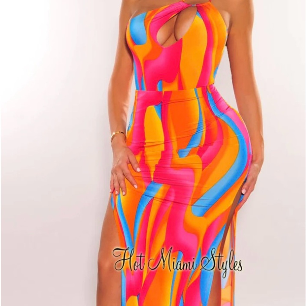 Two piece multi colored bodysuit and maxi skirt